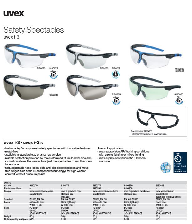 عینک ایمنی آنتی رفلکس Uvex‌ مدل I-3 AR محصول شرکت یووکس uvex آلمان می باشد .