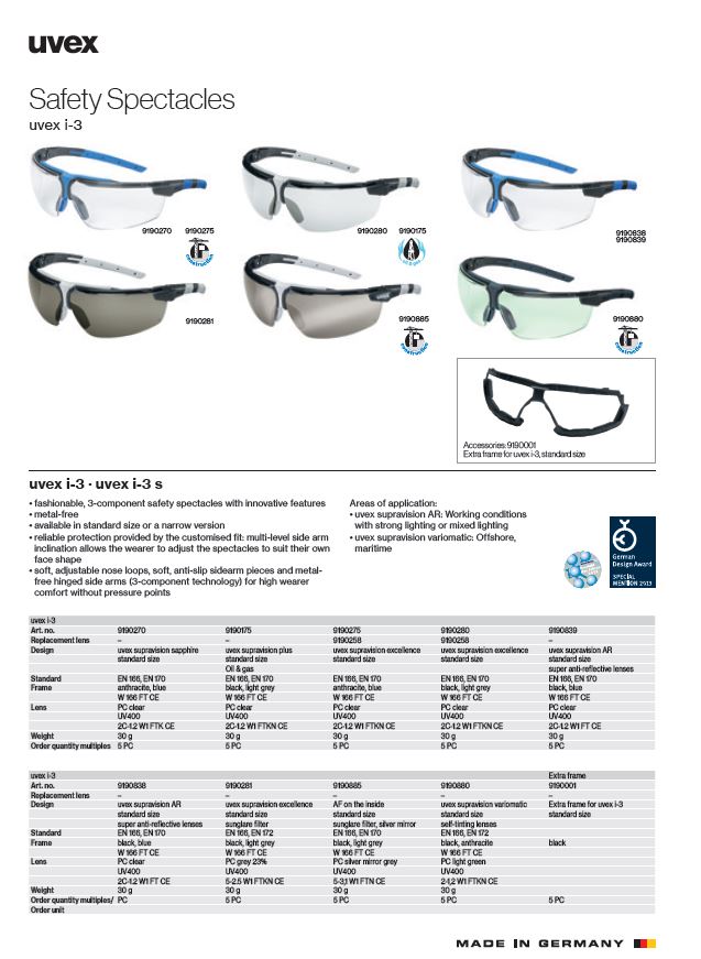 عینک ایمنی مهندسی یووکس مدل 9190281 i-3  محصول شرکت یووکس uvex آلمان می باشد .