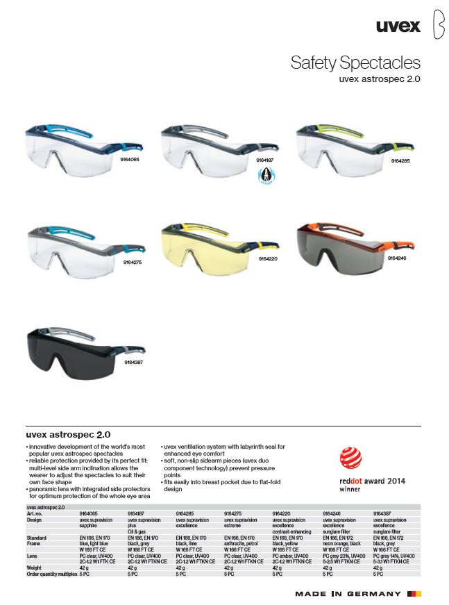 عینک ایمنی یووکس مدل astrospec 2.0 سری 9164387 محصول شرکت یووکس uvex آلمان می باشد .