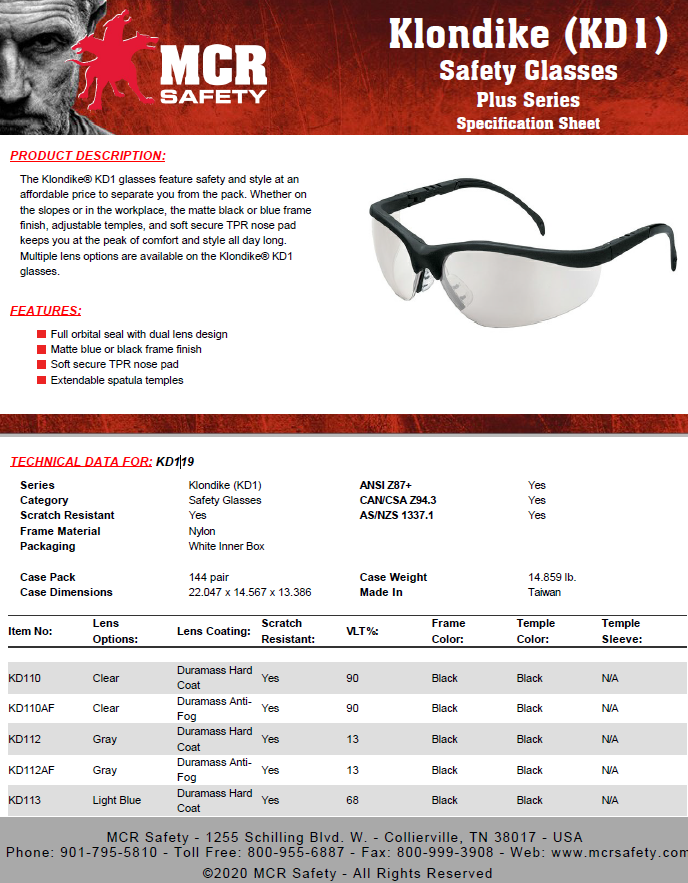 عینک ایمنی Klondike برند MCR مدل KD 119