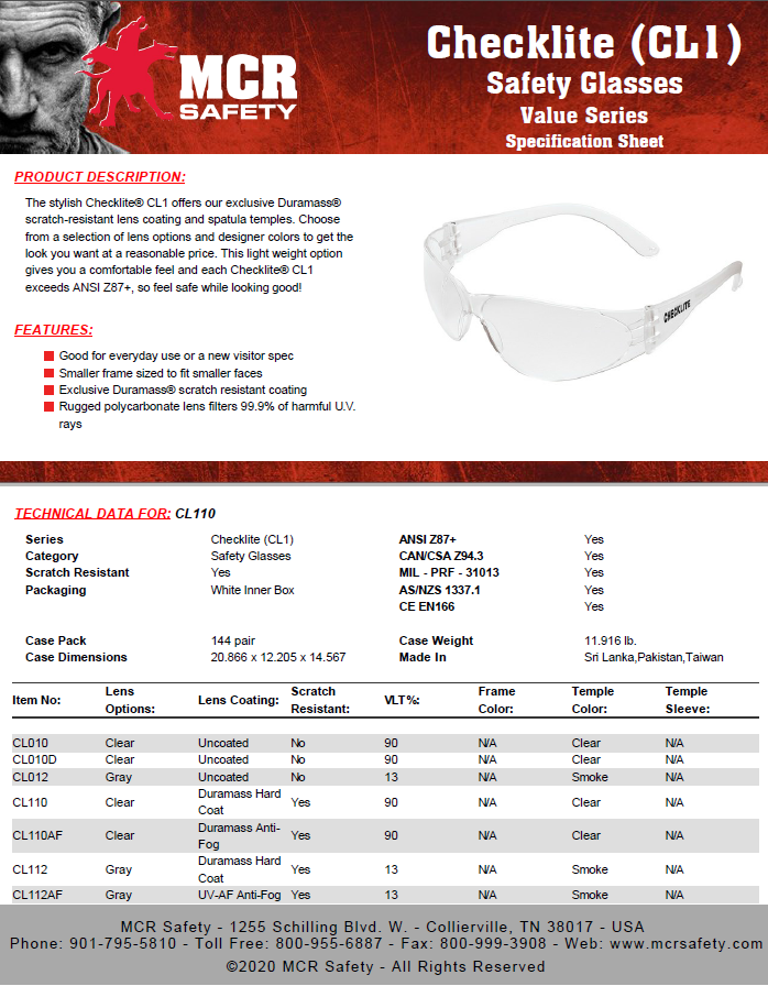 عینک پزشکی Specification Sheet برند MCR مدل CL1 110